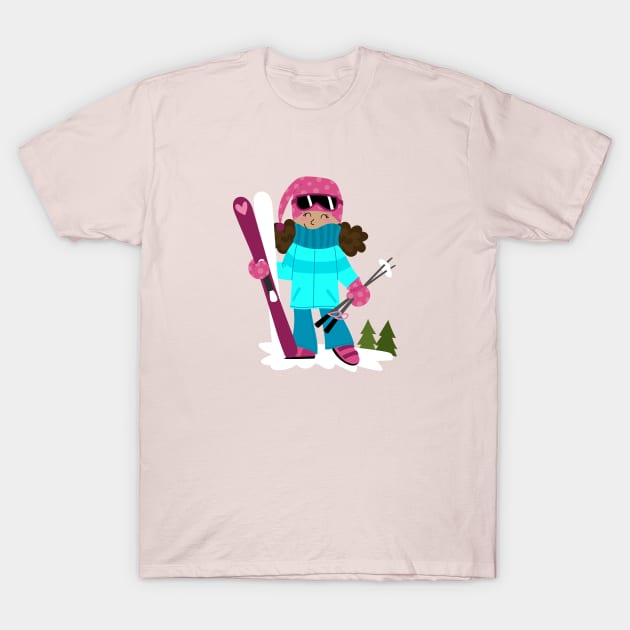 Skier girl in blue suit and pink skis T-Shirt by JoanaJuheLaju1